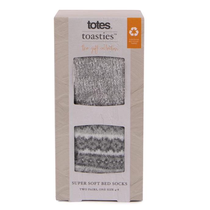 totes Ladies Fair Isle Chenille Bed Socks (Twin Pack) Grey Extra Image 6